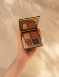Lottiee Duty Eye Shadow Palette, featuring four shades in a compact format. The palette includes a mirror and is held in a hand, showcasing earthy tones with a combination of matte and shimmer finishes.
