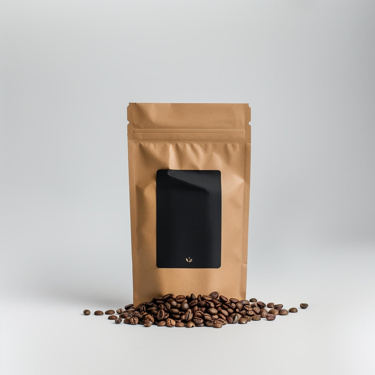 Lottiee Duty Example product in a kraft paper bag with a black resealable window, displayed with coffee beans scattered around it.