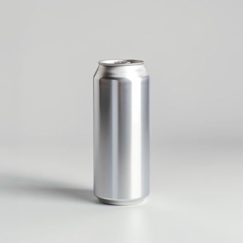 Lottiee Duty Example product, a sleek silver aluminum can, designed with a smooth surface and cylindrical shape, presented against a light gray background.