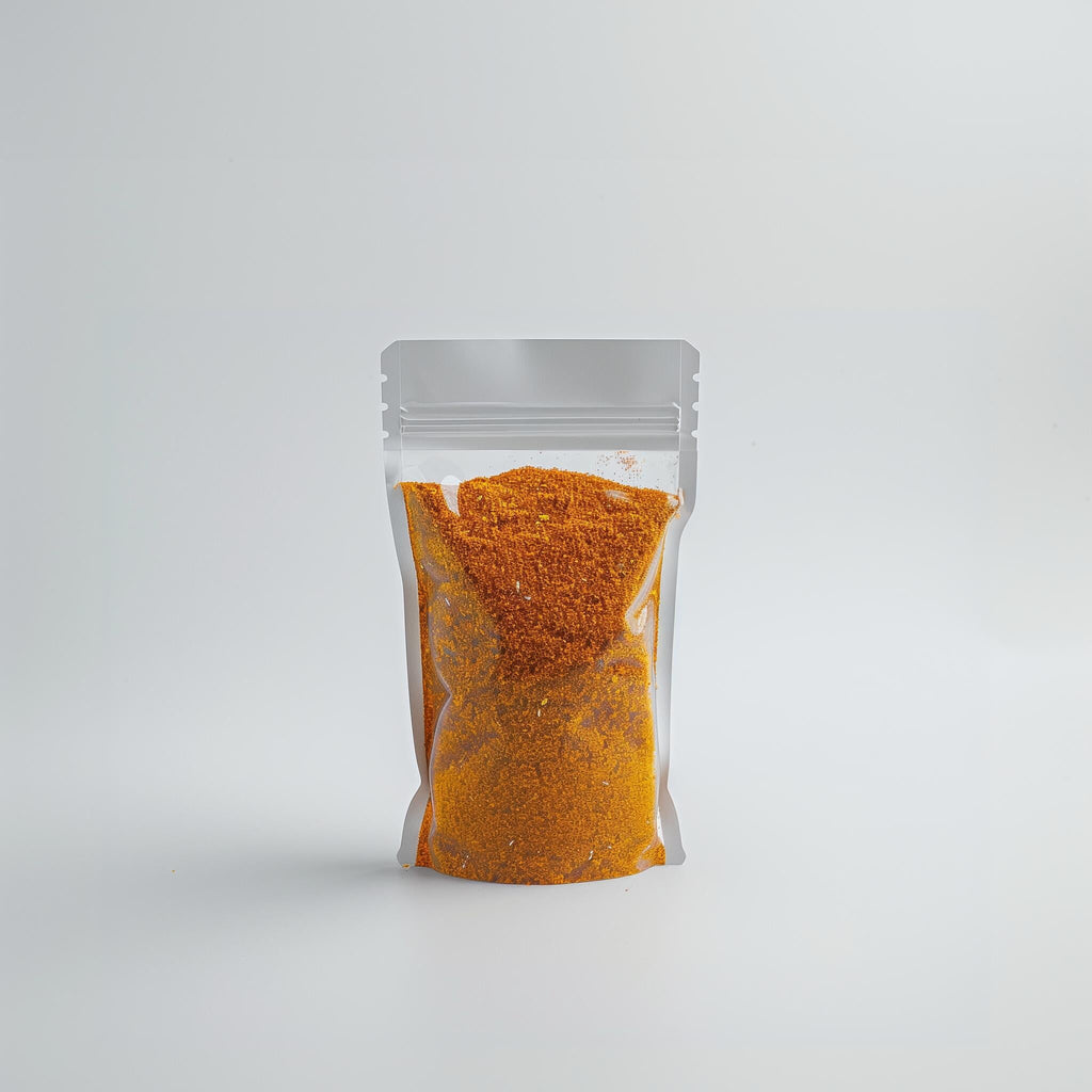 A clear plastic pouch filled with vibrant orange spice powder, featuring a resealable top. The product is from Lottiee Duty, showcasing a fine texture and rich color.