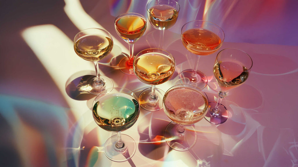 Lottiee Duty Example product features a collection of nine cocktail glasses in various colors, arranged aesthetically with light reflecting off their surfaces. Each glass showcases a different drink, emphasizing their elegant design.