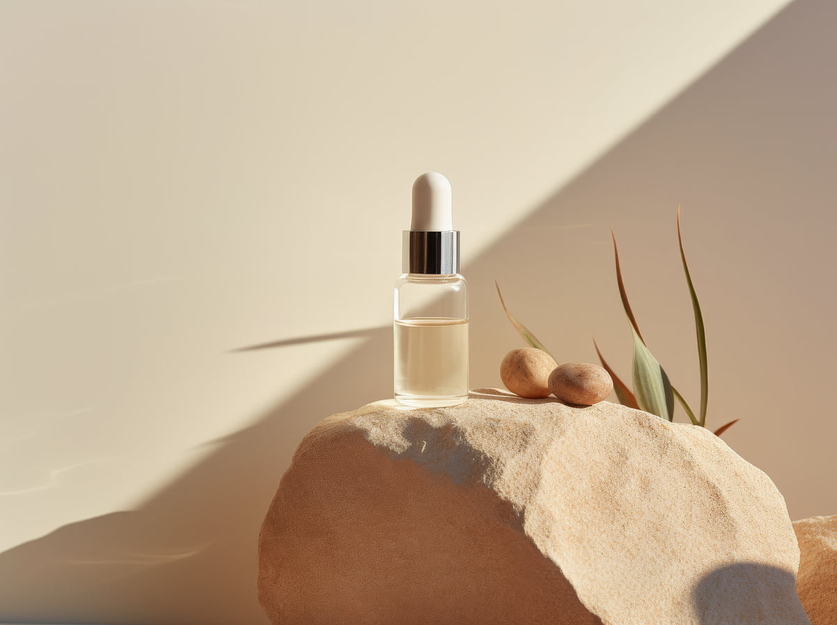 Lottiee Duty Hydrate & Luminate Elixir Serum in a clear glass bottle with a white dropper cap, placed on a textured beige rock with smooth pebbles and plants in a softly lit background.
