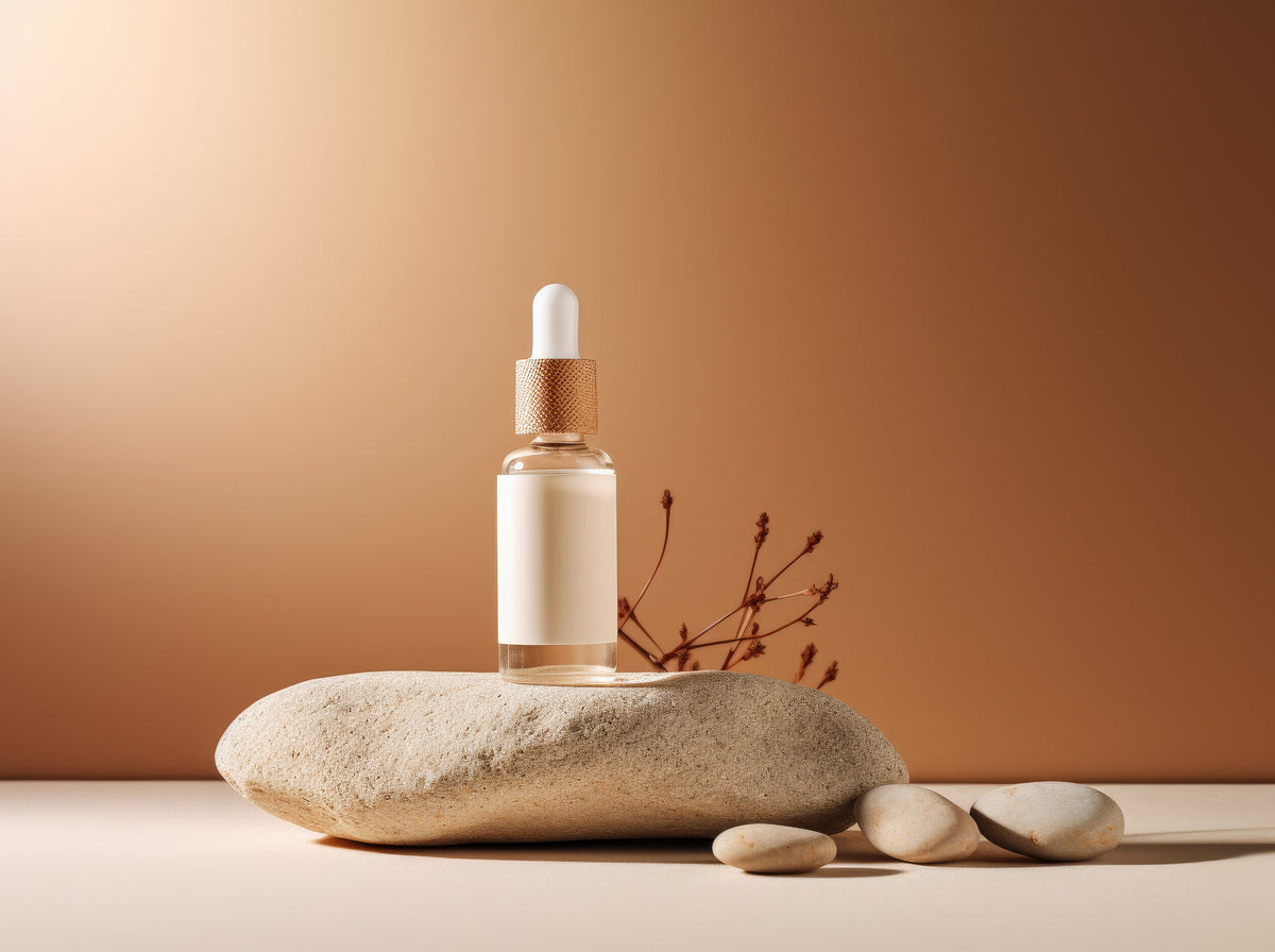 Lottiee Duty Hydrate & Luminate Elixir Serum in a clear glass bottle with a rose gold dropper lid, positioned on a smooth stone against a soft brown background, highlighting its sleek design.